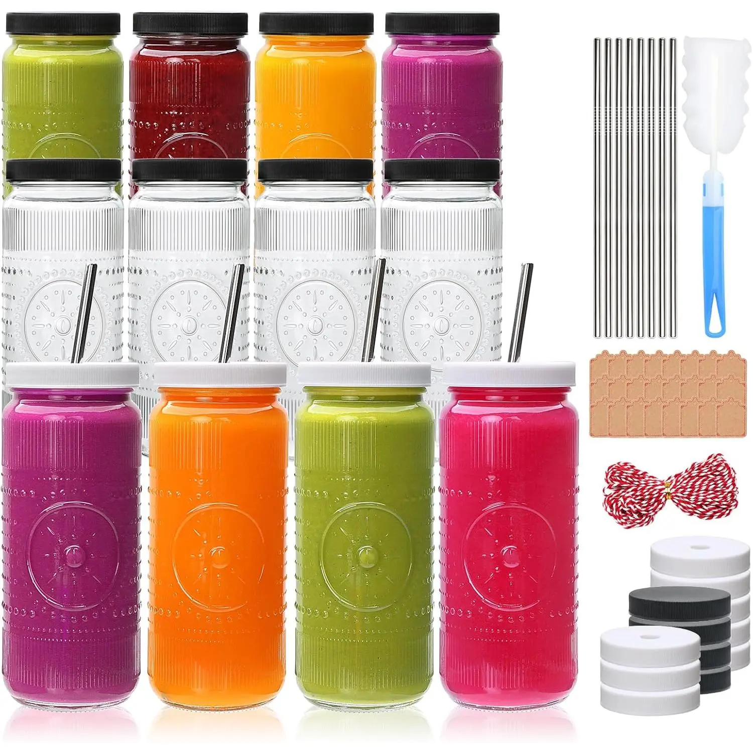 12 Pack 16oz Glass Juice Bottles, Juicing Bottles with  and Straws,Embossed Juice Containers Kombucha Bottle Smoothies Jars for Water, Iced Coffee,Party,Travel