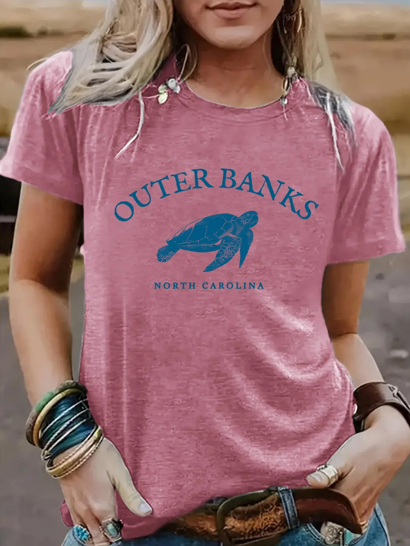Women's Outer Banks North Carolina Print Round Neck Tee, Casual Fashion Short Sleeve T-shirt for Summer, Ladies Clothes for Daily Wear, Top