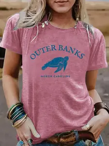 Women's Outer Banks North Carolina Print Round Neck Tee, Casual Fashion Short Sleeve T-shirt for Summer, Ladies Clothes for Daily Wear, Top