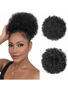 Afro Puff Drawstring Ponytail - Synthetic Afro Kinkys Curly Afro Bun Extension Natural Black Hairpieces Updo Hair Extensions for Women Girls