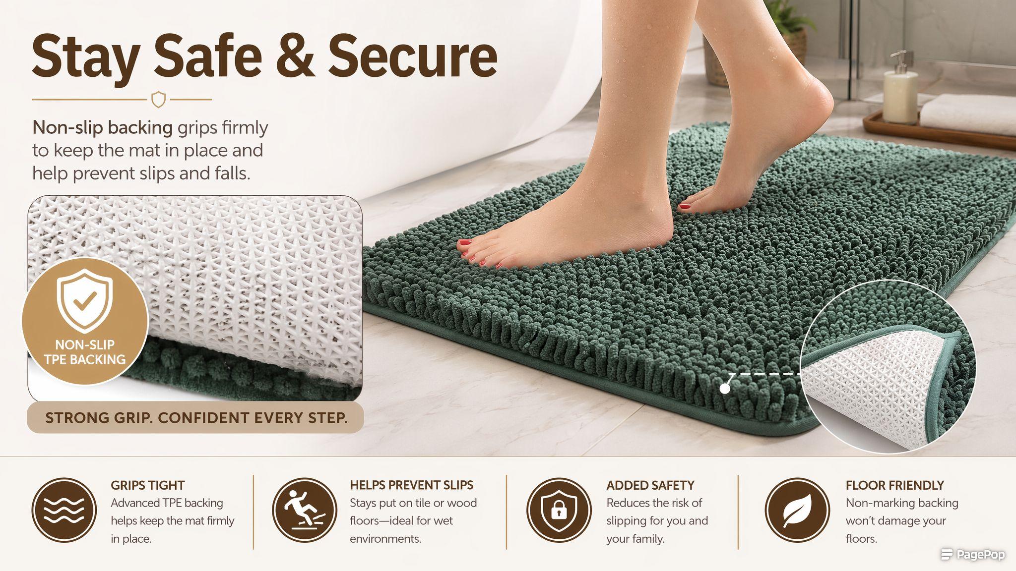 1-Piece Plush Short-Pile Chenille Anti-Slip Grip Rubber Back Mat, Quick-Dry, Stain-Resistant, Easy Clean Rubber Mat for Bathroom Wet Areas & Decor, Easy Clean Bath Mats