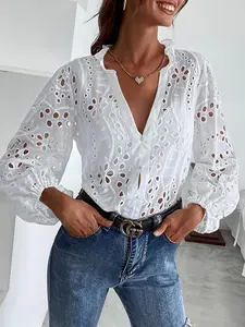 Women's Fashion Spring Summer Long Sleeve Embroidered Top, Slim Stylish Casual Blouse, Perfect for Daily Wear, Comfortable and Trendy