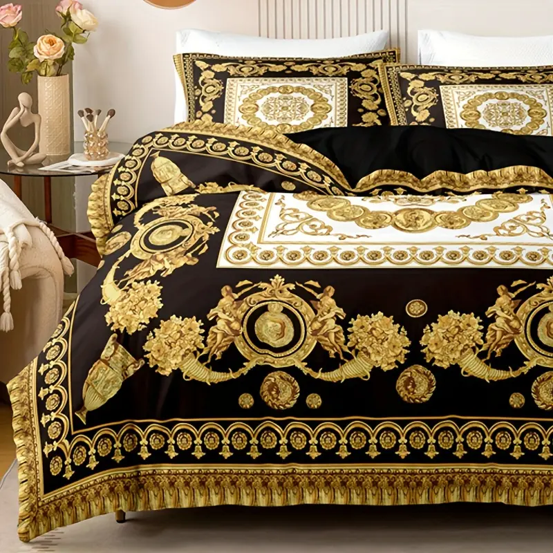 3pcs European Style Black Gold Digital Print Duvet Cover Set, Pattern Bedding Set, Decorative Bedding Set