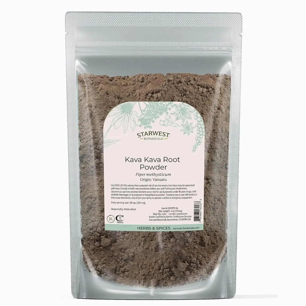 Starwest Botanicals Kava Kava Root Powder - Dried Herb for Tea & Beverages, Promotes Calm, Natural Piper Methysticum, Wildcrafted, Finely Ground, Certified Kosher - 4 oz Pouch