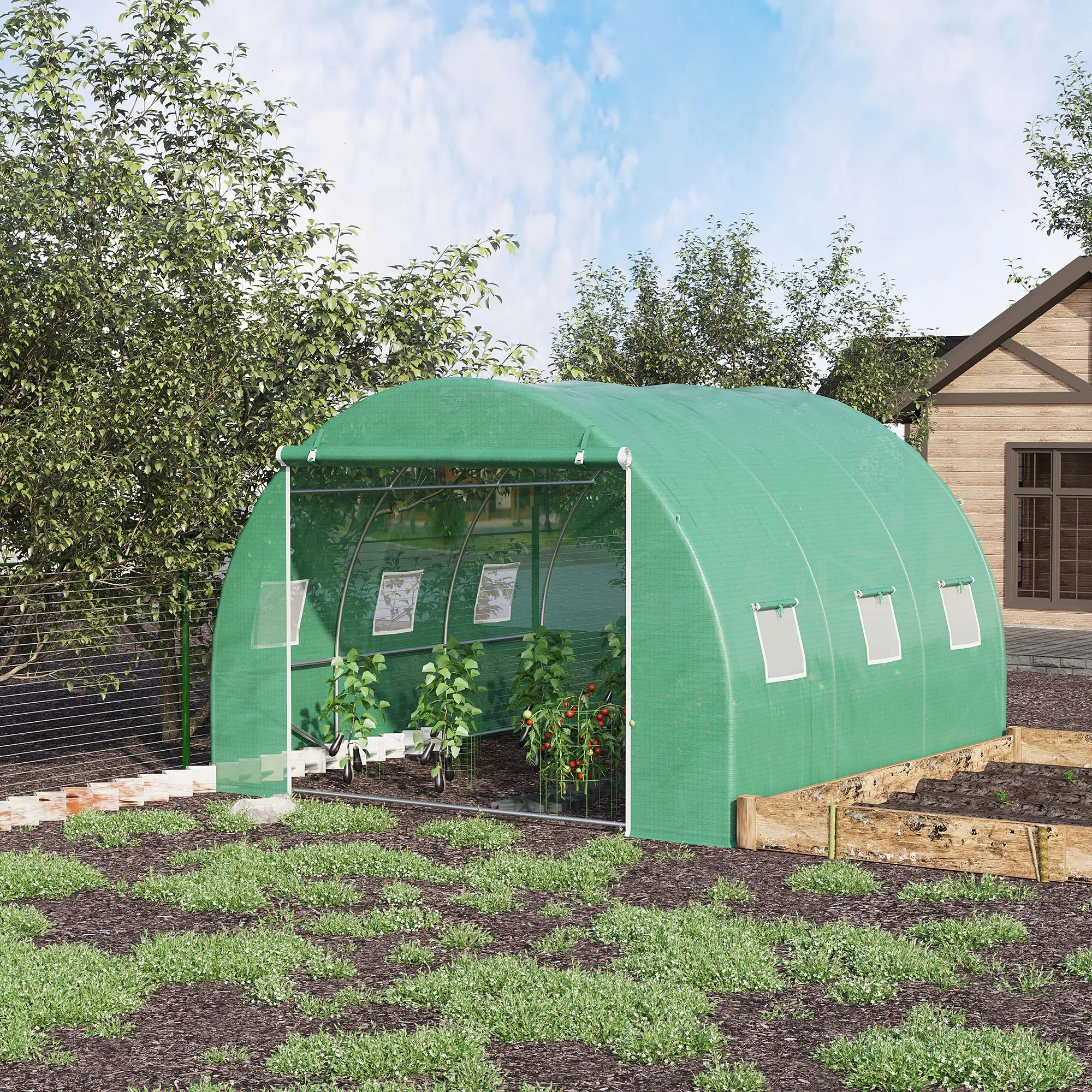 Outsunny Tunnel Shape Walk-in Hoop Greenhouse - 118in L x 118in W x 78.75in H, Steel Frame, UV-Blocking PE Cover, Roll-Up Zipper Door, Mesh Windows, Room for Herbs Veggies Flowers, All Seasons Use, Level 4, Rectangle, Assembly Required