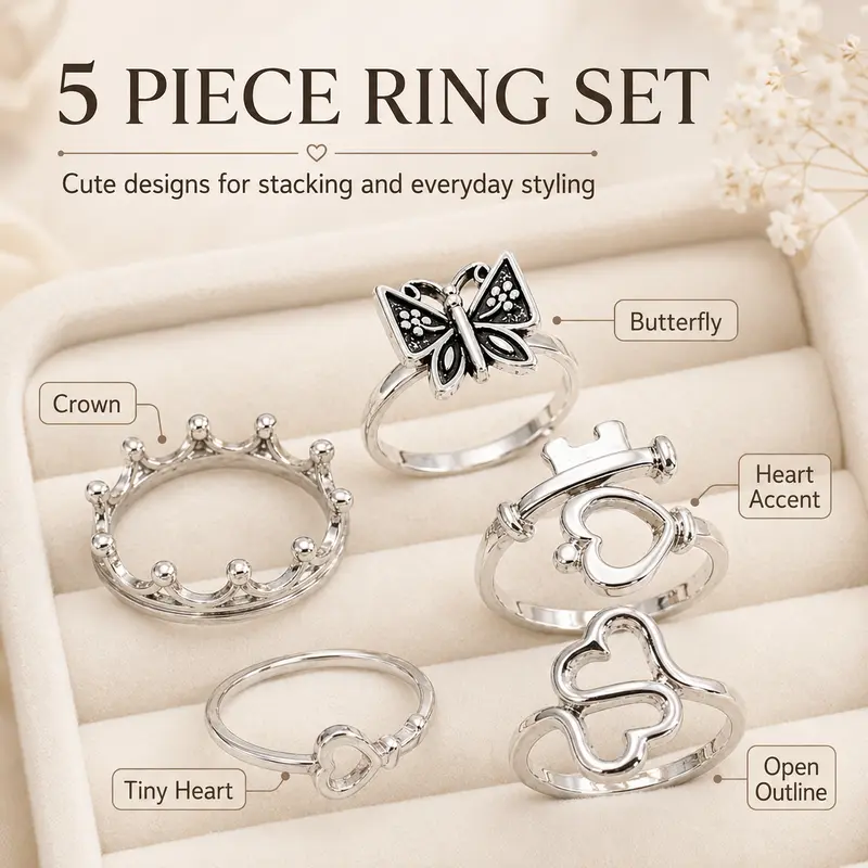 Gift Women's Fashion Jewelry Set, Fashionable Jewelry, Heart Key Butterfly Design Rings, Dainty Stacking Rings, Stackable Rings, Adjustable Rings, Interlocked Stackable Rings, Beautiful Rings, Perfect Gift for Women -MM2