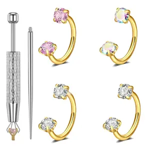 EMPTAN 4pcs 316L Medical-grade Titanium Steel 20G Horseshoe Nose Hoop Internally Threaded Gems Nose Ring with Free Ball Holder & Guiding Needle