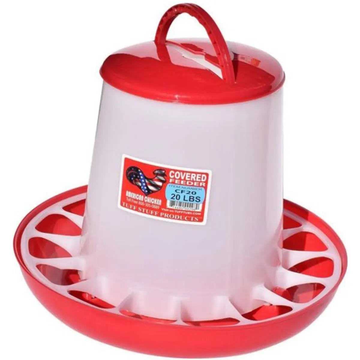 Tuff Stuff Products 458129806 20 lbs Covered Feeder with Handle, Poultry Supplies, Weatherproof, Covered Lid, Holds Feed