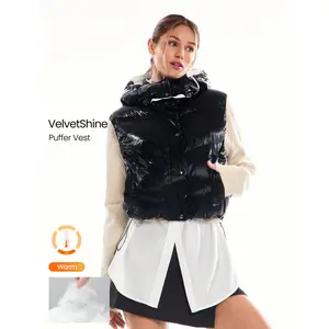 GLOWMODE Chic In Warmth Cozy Up Glossy Zipper Snap Button Closure Elastic Cuffs Waist Length Detachable Hood Puffer Vest Autumn Winter Outdoors Daily Casual Wear