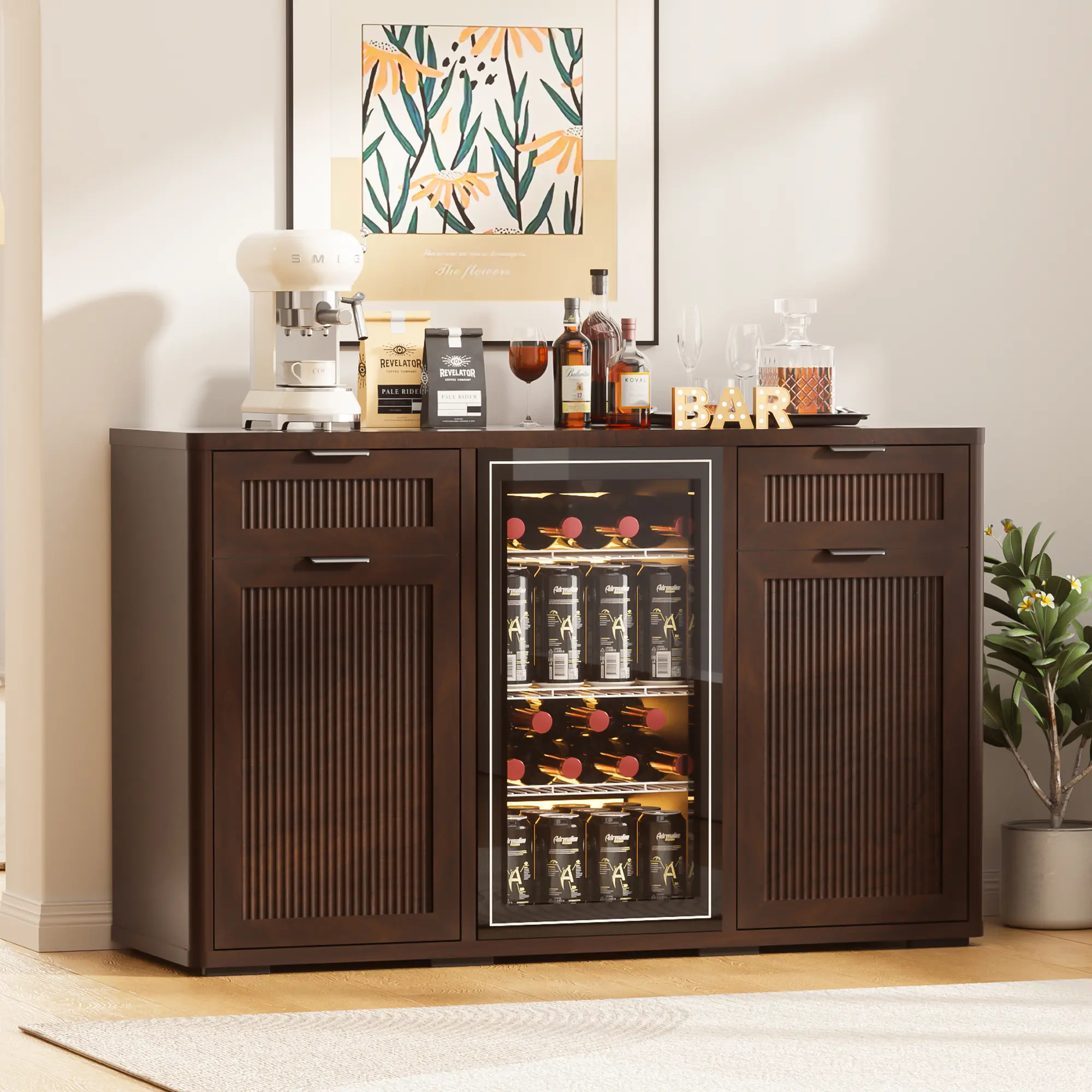 AHB Wine Bar Cabinet with Mini Fridge Space, Liquor Coffee Cabinet with Hidden Trash Cabinet, Buffet Sideboard for Living Room, Kitchen, Dining Room Modern Home Furniture Modern Storage Dresser homeessentials
