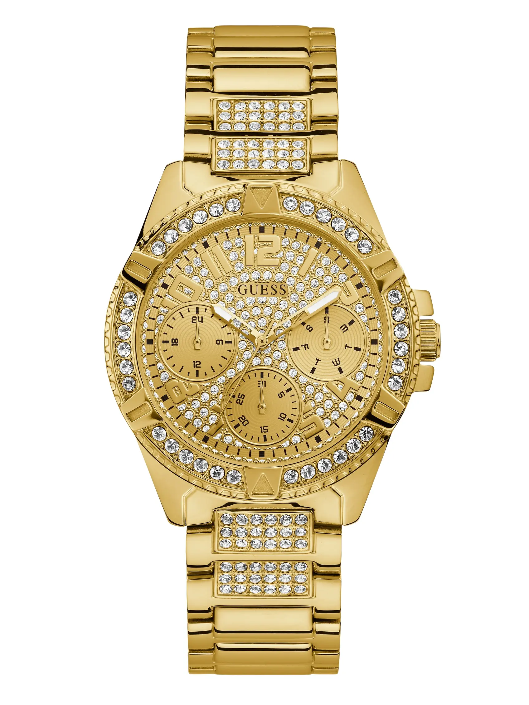 GUESS Female Rhinestone Gold-Tone Multifunction Watch
