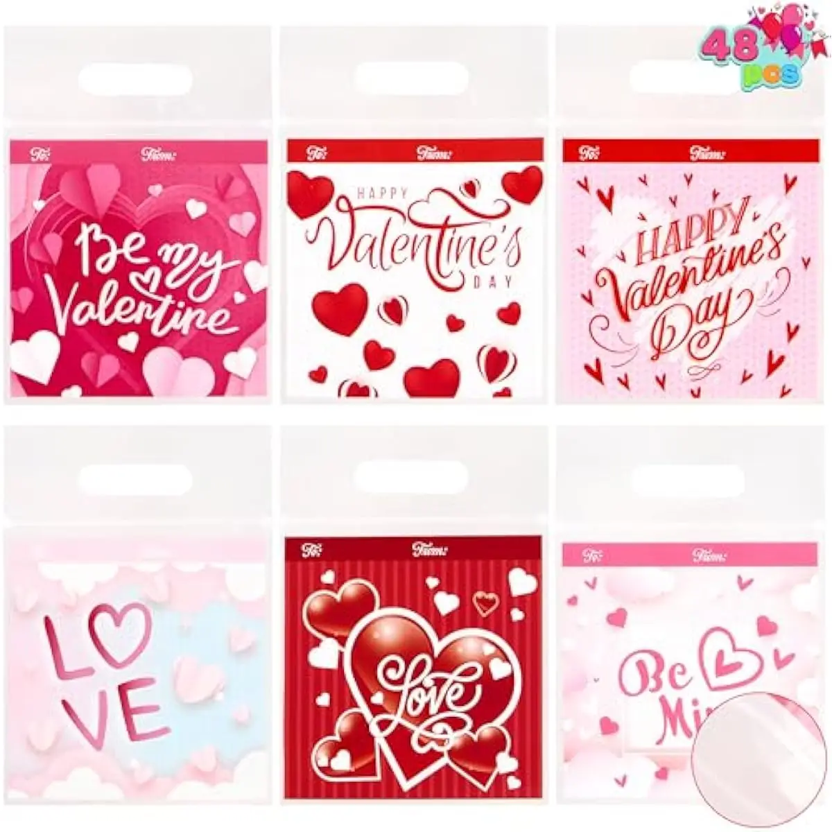 JOYIN 48 Pcs Valentines Day Sealing Gift Bag, Plastic Treat Bag with Handles, Cellophane Candy Bag for Kids Party Favors, Classroom Exchange Prizes, Valentines Goodie Bags