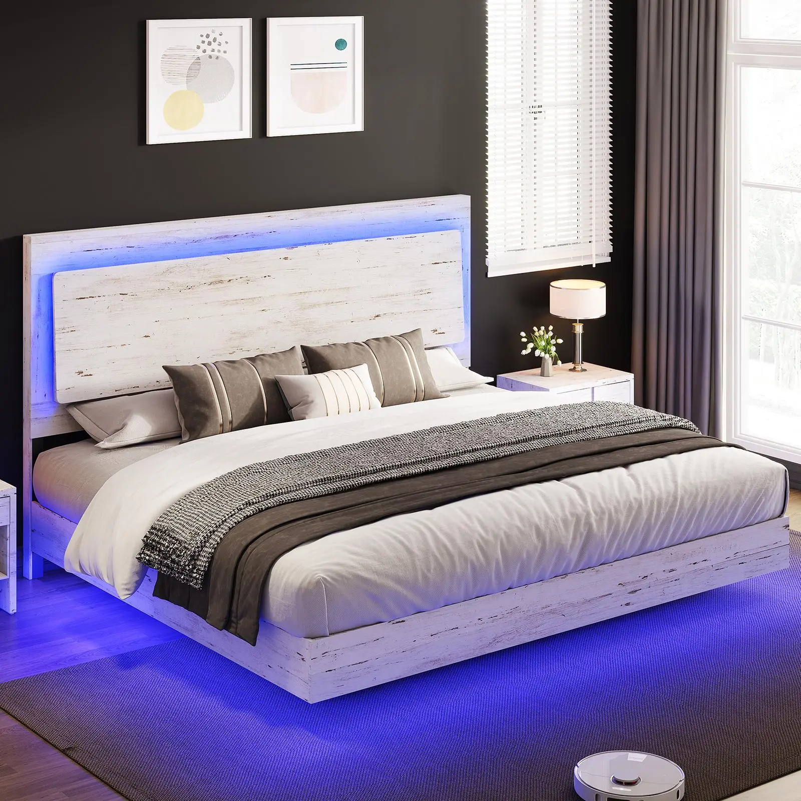 AMERLIFE Farmhouse Floating Bed Frame with Reclined Headboard, Platform Bed with LED Light, No Box Spring Needed/Unique Bedroom Furniture/Best Gift Ideas/Christmas Gifts