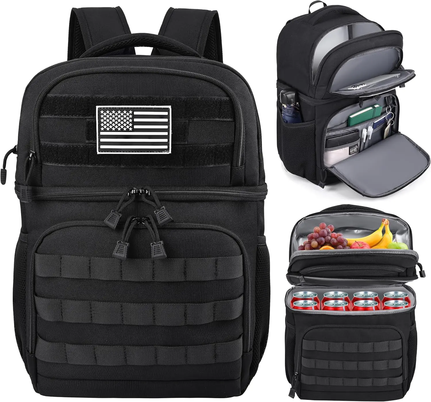 Lunch Backpack for Men, Tactical Inspired Double Deck Cooler Backpack Insulated Leakproof RFID Lunchbox for Work (Black)