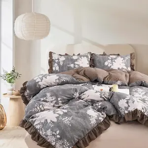 3 count Floral Comforter Set,  Botanical Print Bedding Set, Farmhouse Lightweight Cottagecore Bed in a Bag with Ruffle  Comforter (Brown, )