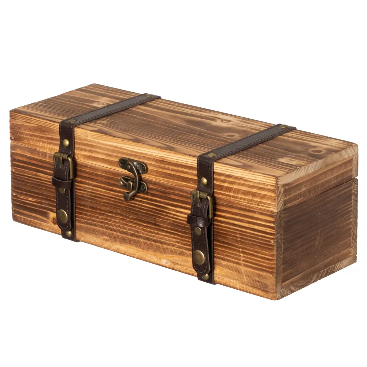 Vintiquewise Sturdy Classic 14x5x5in Single Bottle Wine Storage Chest - Rustic Wooden Shelf Box with Locking Latch, Brass Accents, Faux Leather Straps, Stylish Home Storage for Kitchen Bar Cart Tabletop (QI004867)