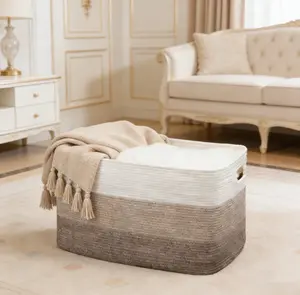 Large Blanket Basket, 21”X16”X12” Rectangle Woven Baskets Living Room Blanket Storage, With Handle Pillows, Blanket Organizing Area Dedicated Gradient Yellow Large Capacity Storage Basket