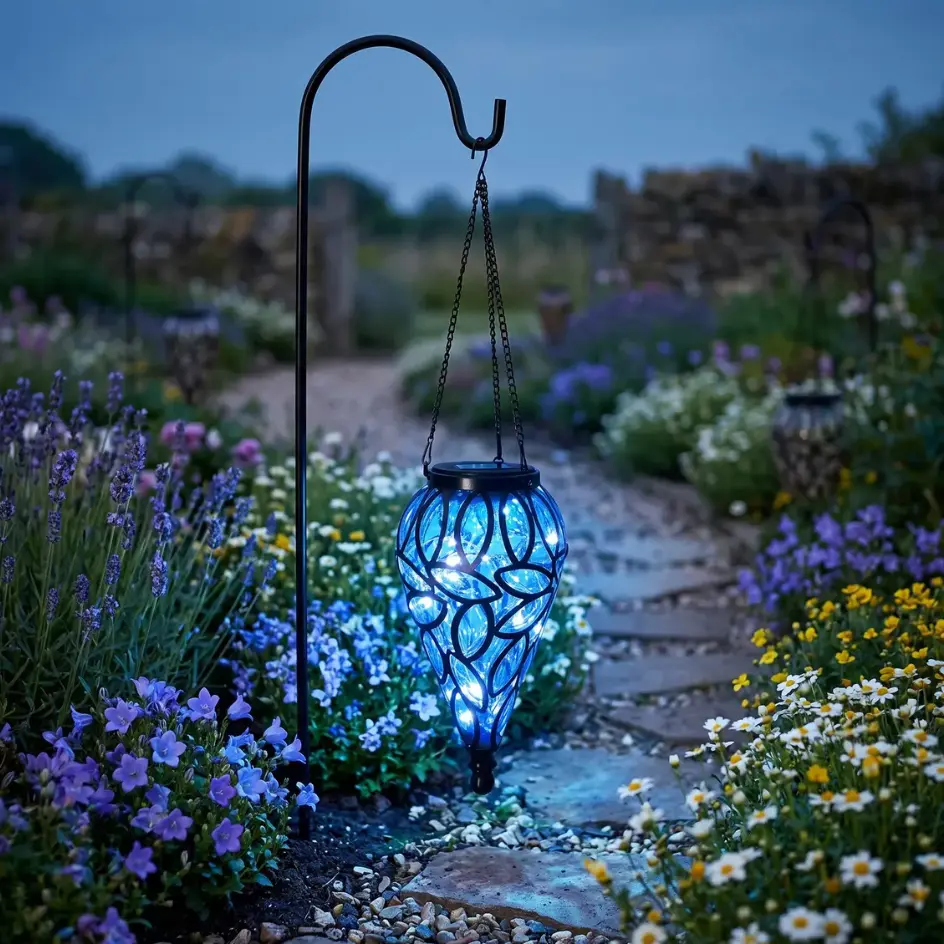 Solar Hanging Lantern Lamp - Waterproof Blue Glass and Metal Mosaic Fixture with Shepherd Hook, Solar-Powered Fairy Lights for Garden Pathway Decor, Birthday Gift for Garden Lovers, Hanging Lamp, Glass & Metal