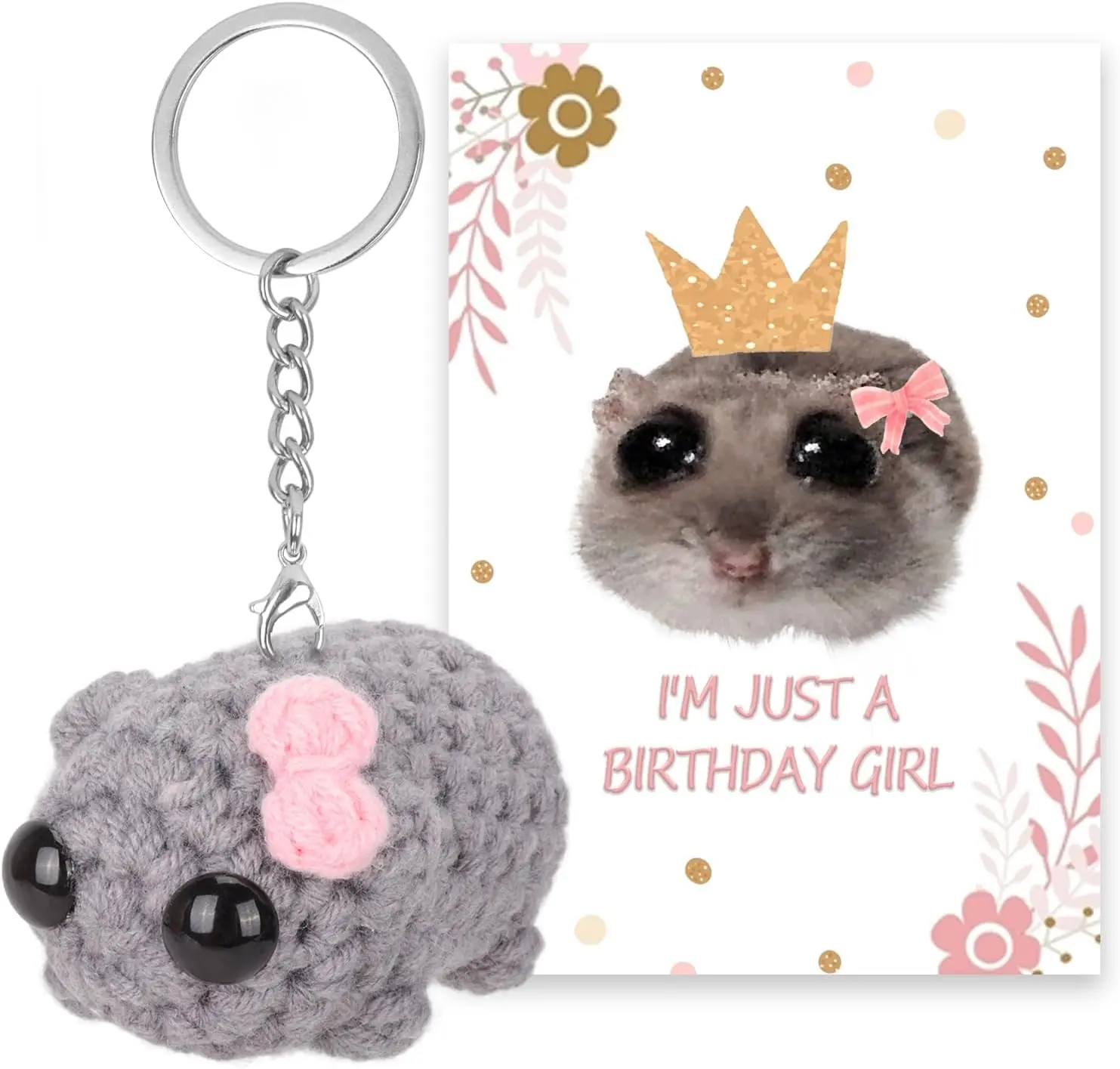 New Tiktok Sad Hamster Meme Plush, Cute Crochet Sad Hamster Meme Bow Keychain, with Affirmation Card for Women Girls Birthday Gifts Décor, Christmas Gift