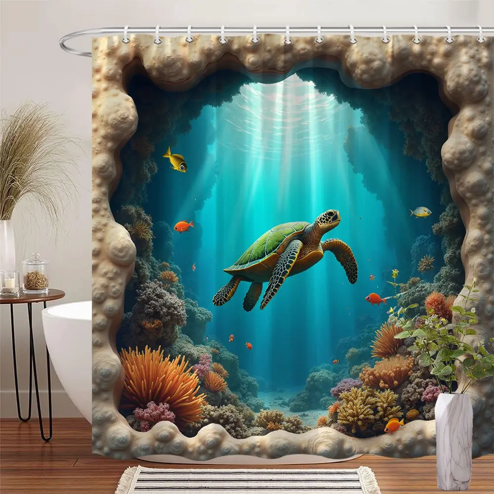 Underwater Sea Turtle Shower Curtain - Vibrant Coral Reef & Marine Life Design, Green Sea Turtle, Sunlight Filtering Ocean Scene, Beige Coral Frame, Durable Polyester Fabric, Animal Motif Shower Curtains for Gift, Keeps Floor Dry, Reduces Splash Cleanup