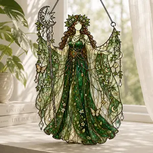 Green Forest Priestess Suncatcher, Laurel Wreath Witch with Crystal Staff, Acrylic Window Hanging Witchy Decor