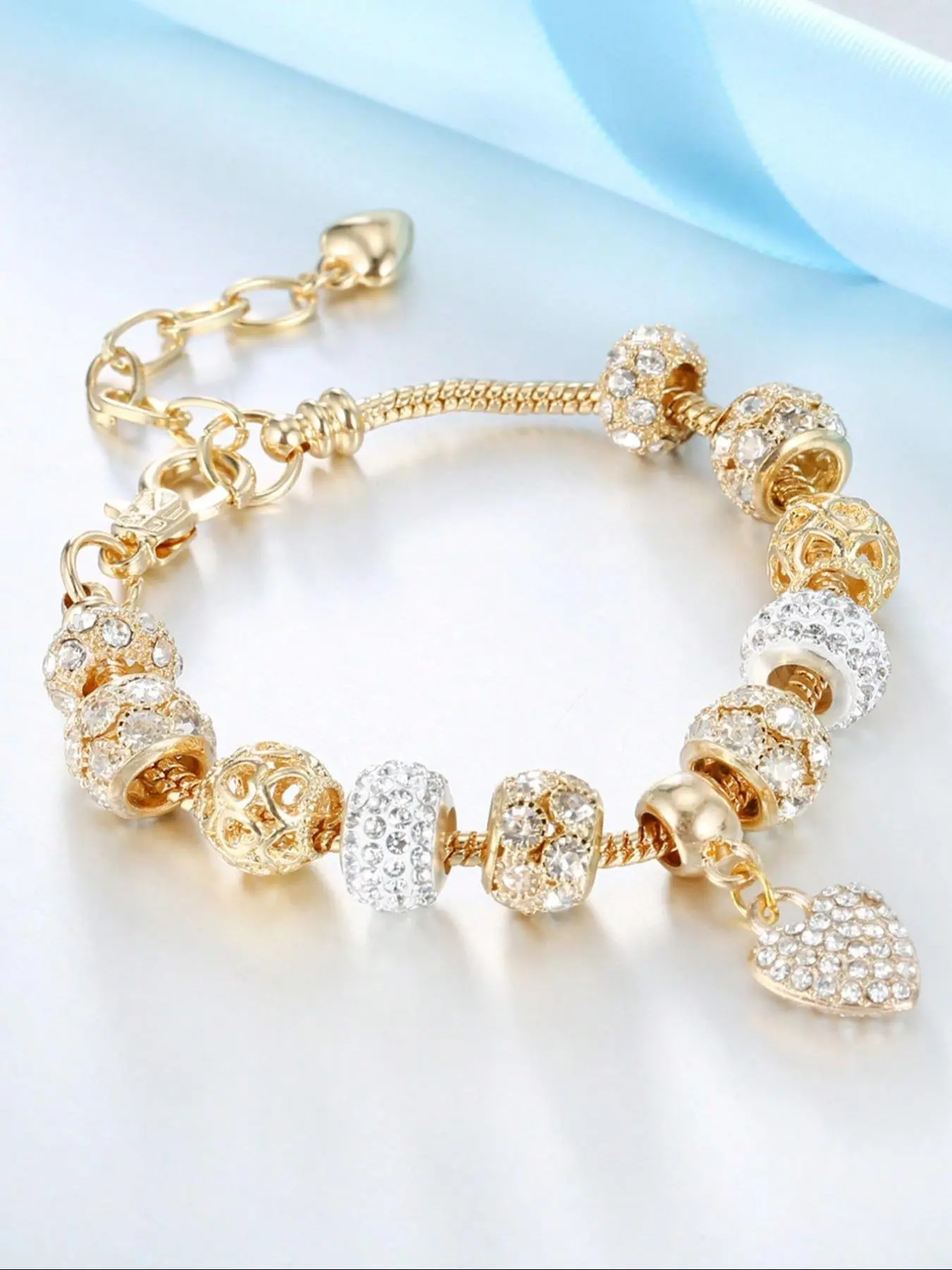 Mother's Day Gift Summer 2024 Rhinestone Decorated Heart Charm Bracelet, All-match Jewelry for Girls Gift, Female Fashion Accessories for Daily Wear, Heart Design Bracelet