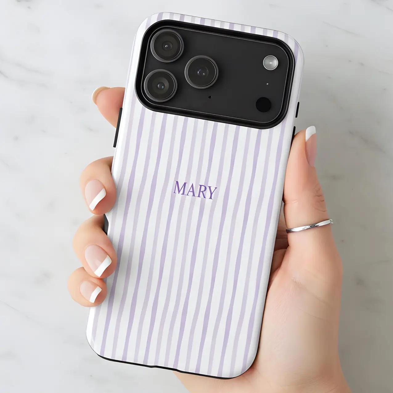 Personalized Custom Text Lavender Striped Protective Phone Case Slim Anti Drop Hard Cover Custom Name Design For Iphone 17 / 16 / 15 / 14 / 13 / 12 / 11 Pro Max / Plus , Samsung S22 / S23 / S24 / S25 Simple Custom Gift Cell Phone Case