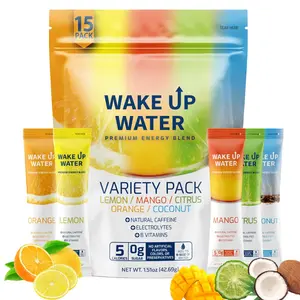 Wake Up Water - Energy + Hydration Sugar Free 15 Packet, Variety Pack - Energy Drink Powder, Electrolytes Powder Drink, Natural Caffeine Mix Packet, B Vitamins, 5 Calories, Gluten Free - .10 oz (2.9g)