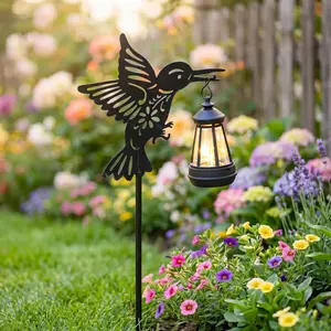 Black Hummingbird Solar Garden Stake Light - Cutout Bird Silhouette with Hanging Lantern, Waterproof Outdoor Lawn Pathway Decor Ornament