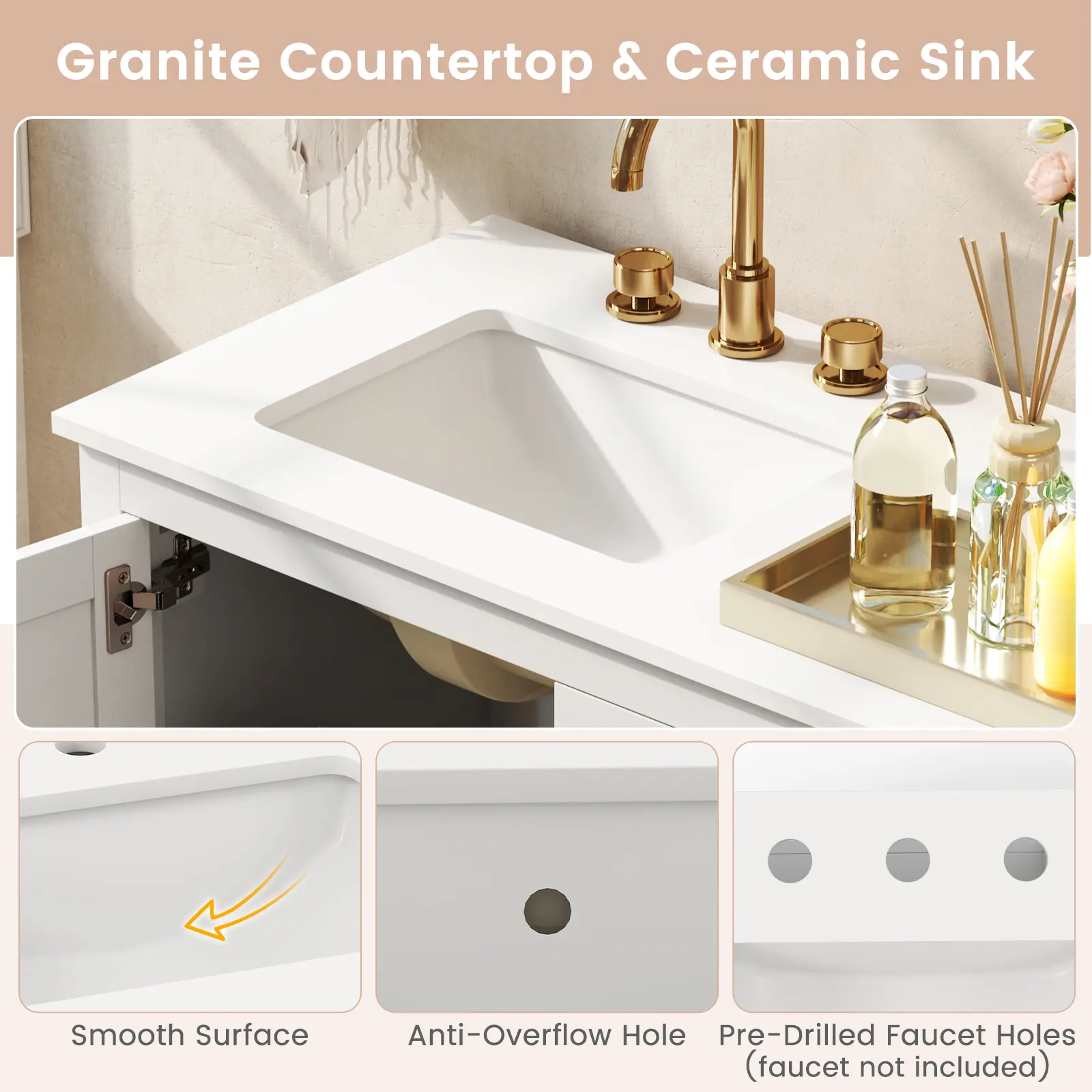 COSTWAY - Freestanding Bathroom Vanity Unit with Basin Floor Storage Cabinet-White