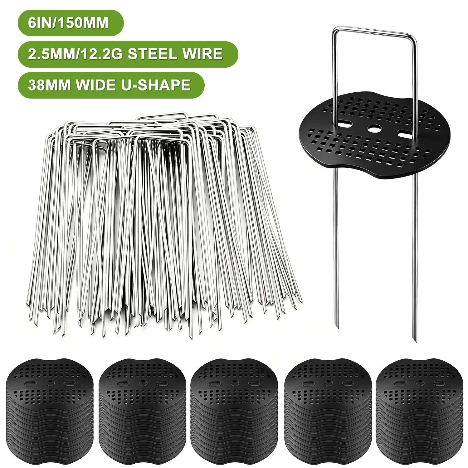6-Inch Steel Galvanized U-Pin Landscape Staples with Anti-Tear Washers (50 Stakes + 50 Plastic Washers) – Garden Supplies for Lawn Care, Block Weeds, Ground Anchor Plant Care & Support