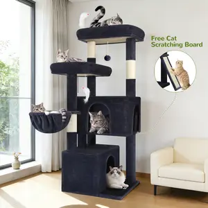 55” Space-Saving Cat Tree Tower with Large Perch & Hanging Basket | Multi-Level Condo for Indoor Cats with cozy plush cat perch