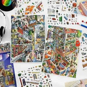 8 pieces 2.5D oversized scenic stickers Residential building roof theme Vintage style PET waterproof material Self adhesive DIY journal decoration scrapbook stickers pack