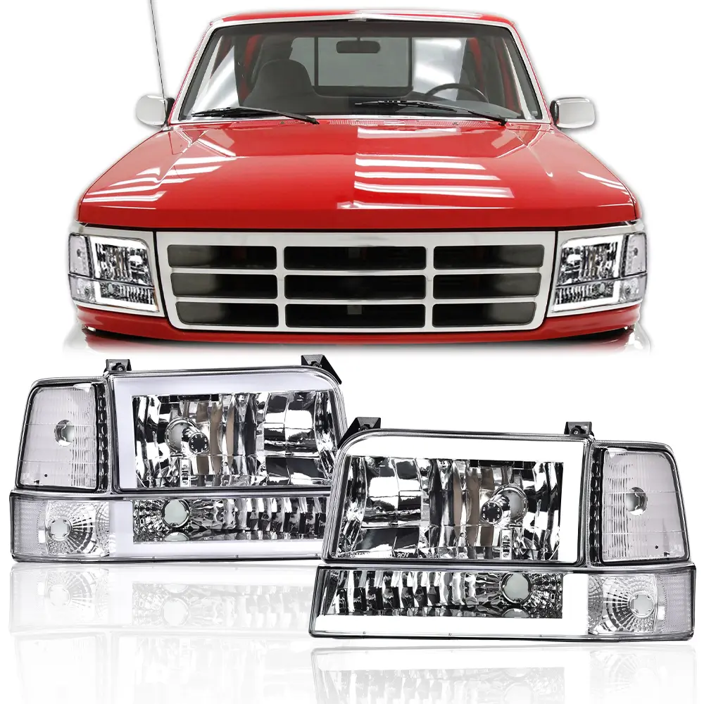 6PCS Modern Plug-and-Play Dual LED DRL Bumper Headlight Assembly with Amber Lens  Chrome Housing, Compatible Cars Accessories Fit For 1992-1996 Ford F150, F250, F350 Trucks, LED Car Lights Bulbs