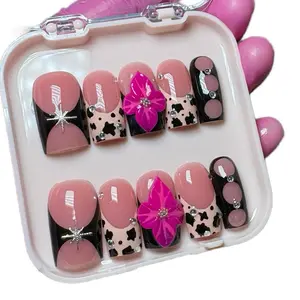 Black cow design with wine flowers acrylic press-on curved square.   * Custom Handmade Press-On Nails - Made to Order (5-7 Business Days)