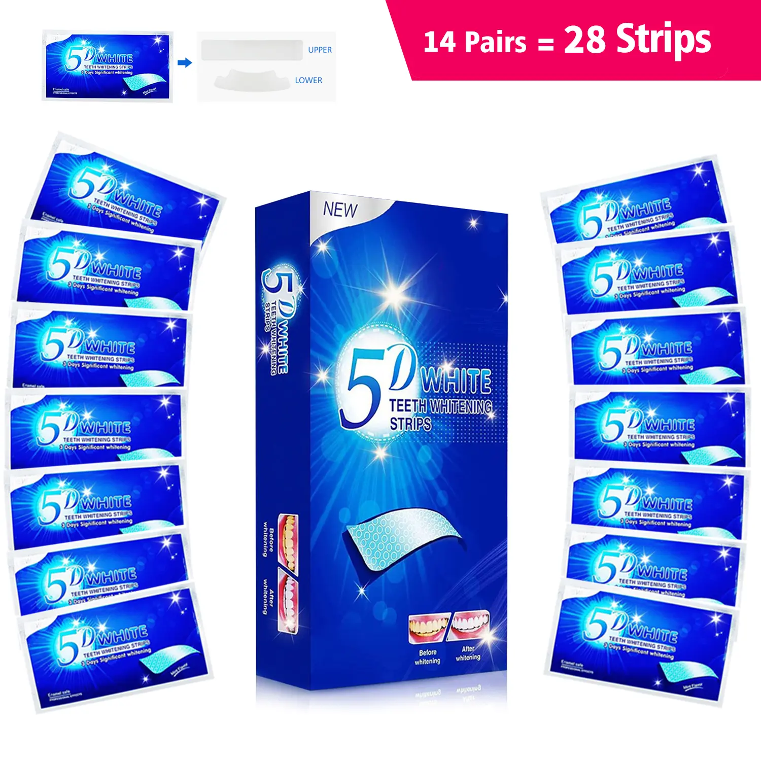 5D White Whitening Strips, Oral Health Brightening Treatment for Sensitive Teeth, Removes Tough Stains for Pearly Whites, Multi-Pack (14, 28, or 42 Strips), Teeth Brightening, Teeth Stain Remover