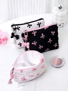 Women's Cosmetic Bag with Bow Pearl Pendant, Textured Contrast Color Design, Cute Handheld Storage Purse for Makeup & Accessories, Makeup Organizer Pouch, Cosmetics Organizer