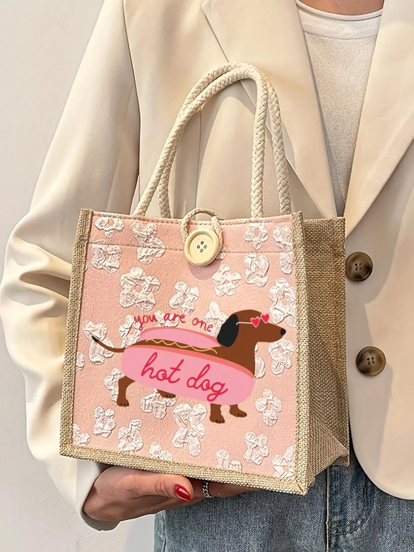Women's handbag, Fashionable handbag with cute patterns, printed with dachshunds, little bees, hearts, holiday-style letter design shopping bag, suitable for weddings, birthdays, vacations, Casual Trendy Purses
