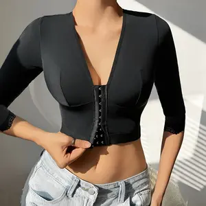 American V-neck adjustable shaping top for yoga and fitness, front button closure, suitable for layering or wearing alone, lace trim, three-quarter sleeves, le cup  shape wear camisa  Bikini underwear  x new arrivals 2026  bras comfy sexy Shaper body faja