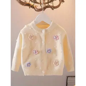 Girls' Embroidered Floral Cardigan Sweater, Soft Knit Jacket for Baby Girls, Comfortable Autumn Wear, Versatile Design, Baby Clothes Girl