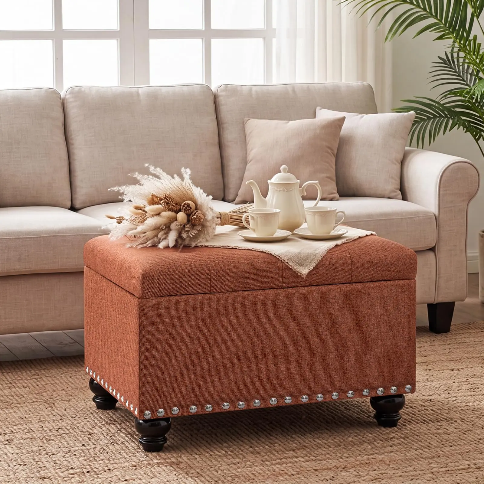 23.6 in Wide Tufted Fabric Storage Ottoman with Nailhead Trim
