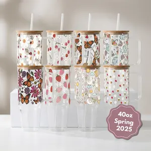 Sip-Sip Hooray! 2025 Spring Tumblers – Aesthetic Iced Coffee Cup with Lid & Plastic and Glass Straws, Reusable Spring Vibes Butterfly Drinkware Bottle Water Bottles
