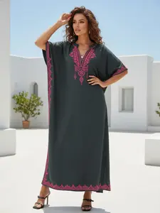 EDOLYNSA kaftans for woman embroidery caftan Soft house robe vacation beach wear bathing suit cover up comfy lounge wear versatile Arabic outfits kaftan dresses Q1545