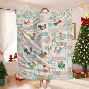 Colorful Chicken Pattern Patchwork Blanket, Soft Comfortable Throw for Sofa Bed, Perfect Home Decor Gift for Halloween Christmas
