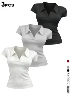 3 PCS Polo Collar V Neck Crop Tops for Women, Y2K Aesthetic Short Sleeve Ruched Slim Fit Tops, Comfort Soft Stretchy Casual T-Shirts, Coquette Outfit, Collared, Perfect for Daily Wear, School, Shopping, Sweet Feminine Style for Teen Girls