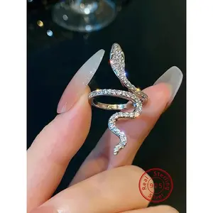 925 Sterling Silver Fashion Elegant Snake Design Artificial Zirconia Decorated Ring, Adjustable Ring for Women, Trendy All-match & Exquisite Jewelry for Gift