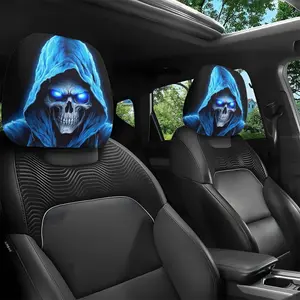 Two-piece blue skull car headrest cover, all-weather comfortable universal model suitable for long-distance commuting and driving, excellent decoration item for Halloween and Christmas, mysterious and cool festive atmosphere
