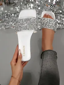 Shiny Square Toe Women's Slippers, Wide Rubber Sole Non-Squeezing Feet, Secure Sequins, Vintage Disco Style, Lightweight, Perfect for Parties