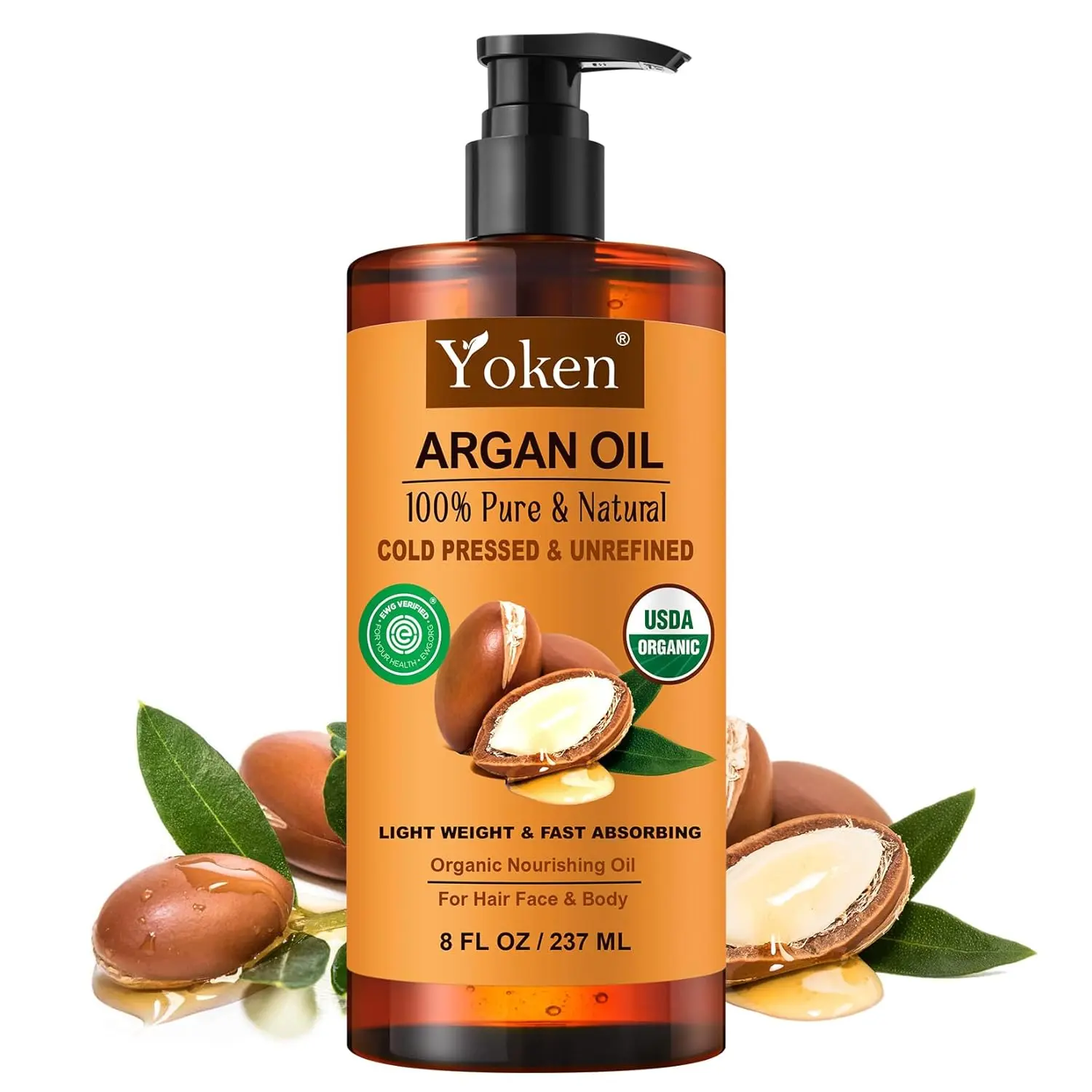Yoken USDA Organic Argan Oil for Hair, Pure and Natural Morocco Argan Oil, Argon Oil For Hair, Scalp, Face & Skin Care, 100% Cold Pressed Hair Conditioner, Unrefined Argon Nails Carrier Oil (8 Fl Oz)