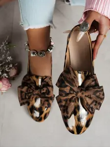 Women's Fashion Casual Flat Shoes, Round Toe Flats, Bowknot Decoration, Leopard Texture Elegant Versatile Basic, Large Size Comfortable Women's Shoes
